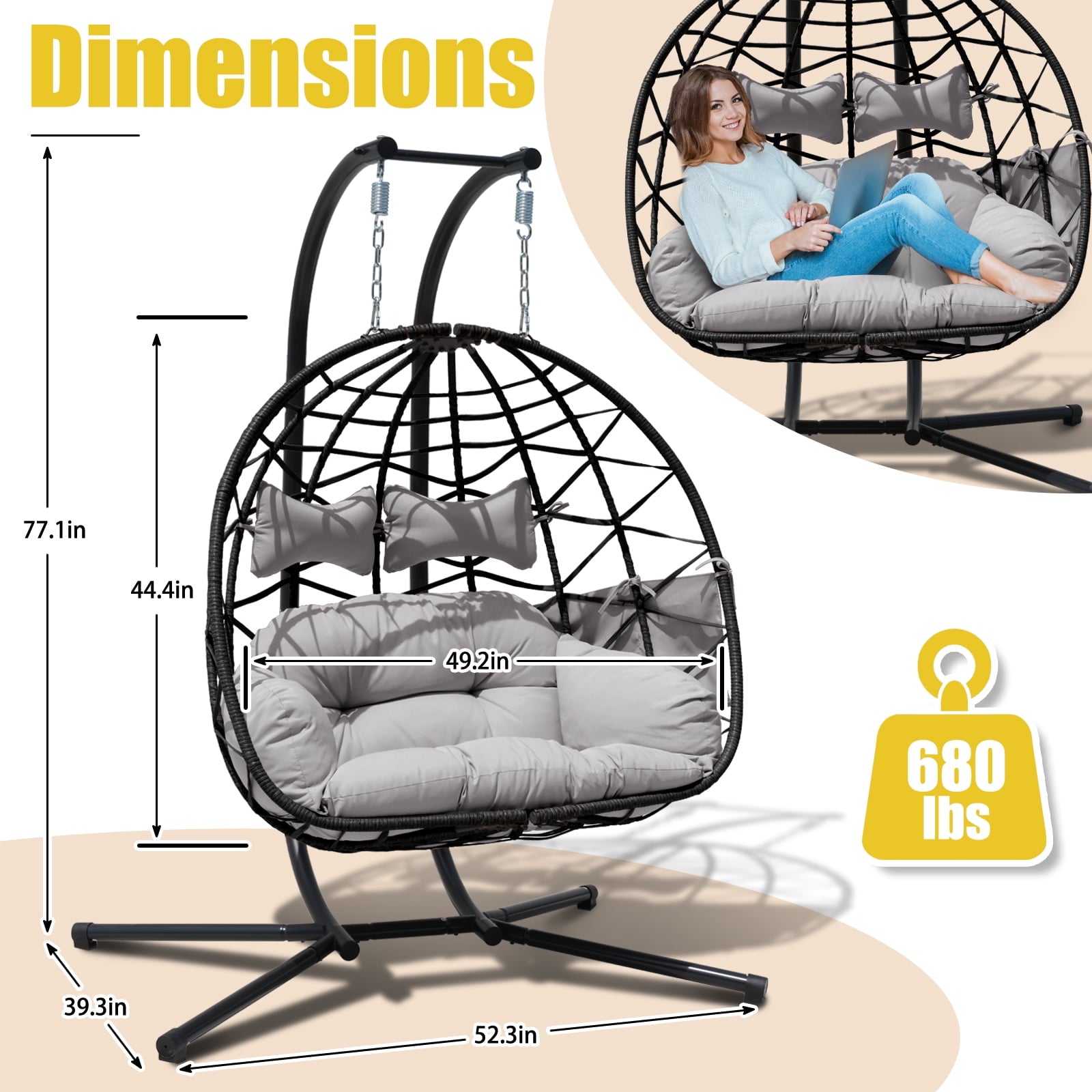 FKSLIFE Double Egg Chair with Stand Hammock Chair Cushion Outdoor Patio Wicker Loveseat Hanging Egg Chairs for 2 Persons