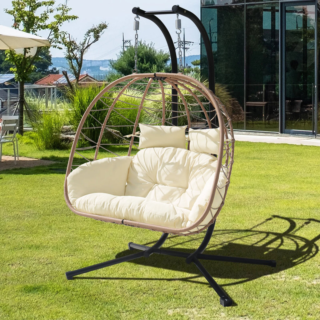 FKSLIFE Double Egg Chair with Stand Hammock Chair Cushion Outdoor Patio Wicker Loveseat Hanging Egg Chairs for 2 Persons