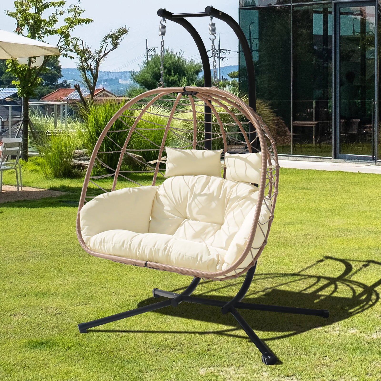 FKSLIFE Double Egg Chair with Stand Hammock Chair Cushion Outdoor Patio Wicker Loveseat Hanging Egg Chairs for 2 Persons