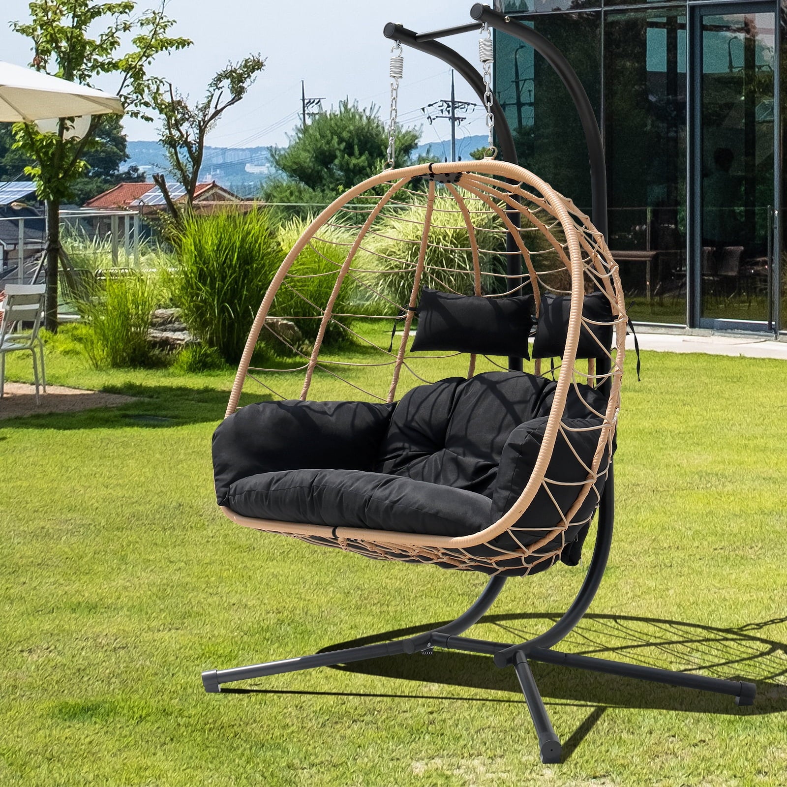 FKSLIFE Double Egg Chair with Stand Hammock Chair Cushion Outdoor Patio Wicker Loveseat Hanging Egg Chairs for 2 Persons