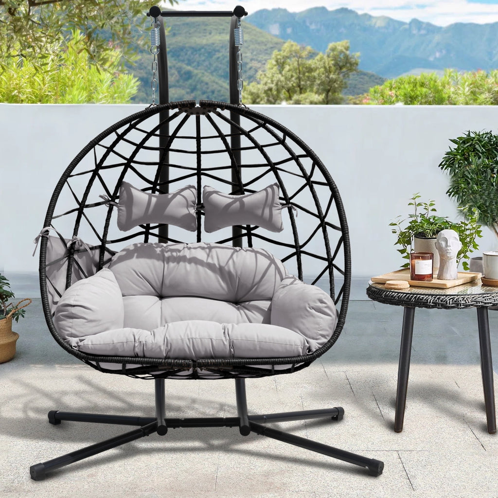 FKSLIFE Double Egg Chair with Stand Hammock Chair Cushion Outdoor Patio Wicker Loveseat Hanging Egg Chairs for 2 Persons
