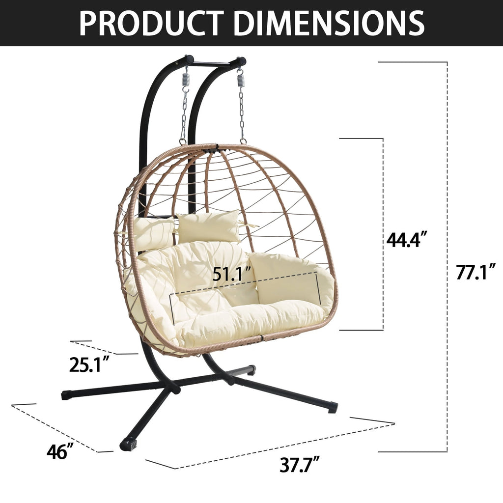 FKSLIFE Double Egg Chair with Stand Hammock Chair Cushion Outdoor Patio Wicker Loveseat Hanging Egg Chairs for 2 Persons