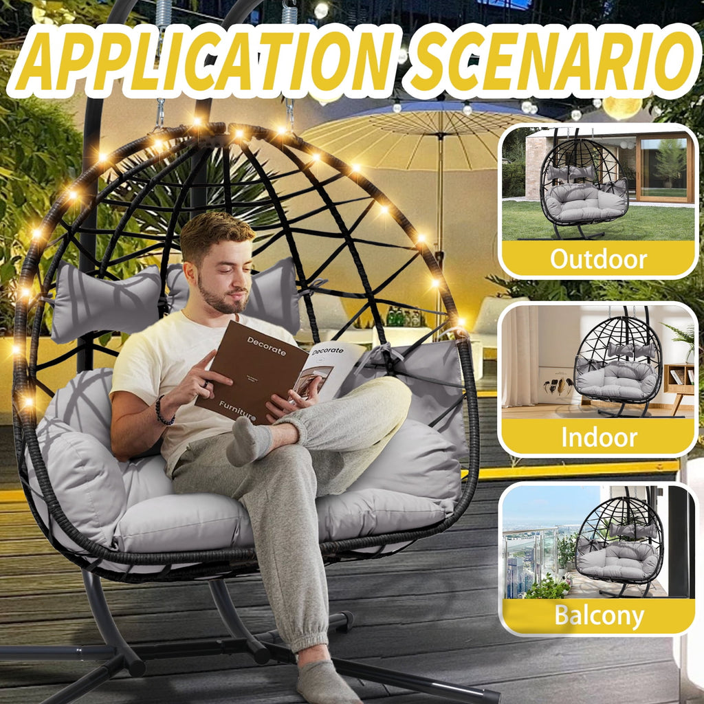 FKSLIFE Double Egg Chair with Stand Hammock Chair Cushion Outdoor Patio Wicker Loveseat Hanging Egg Chairs for 2 Persons