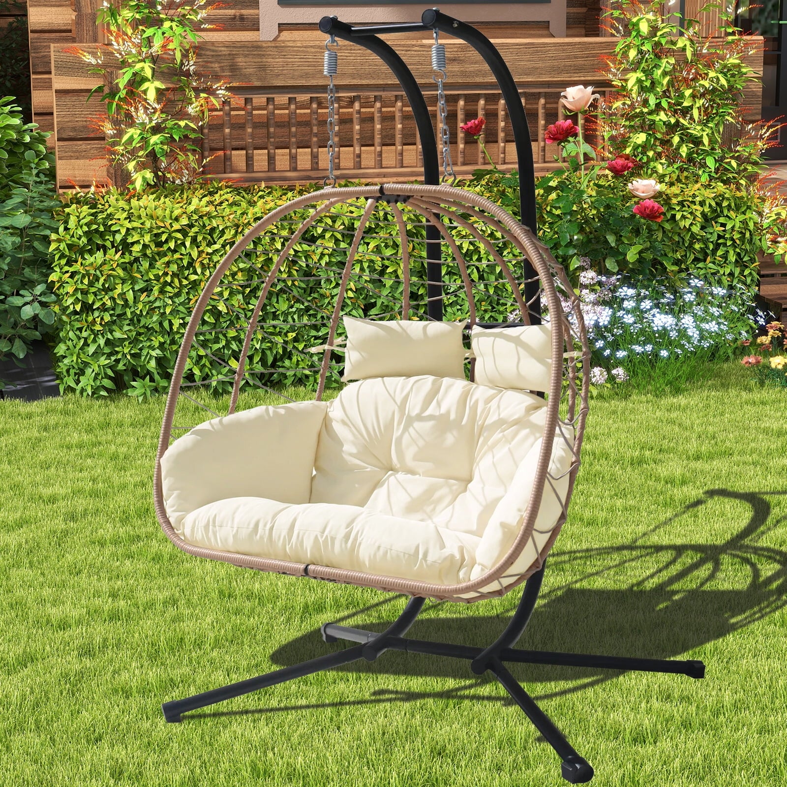 FKSLIFE Double Egg Chair with Stand Hammock Chair Cushion Outdoor Patio Wicker Loveseat Hanging Egg Chairs for 2 Persons