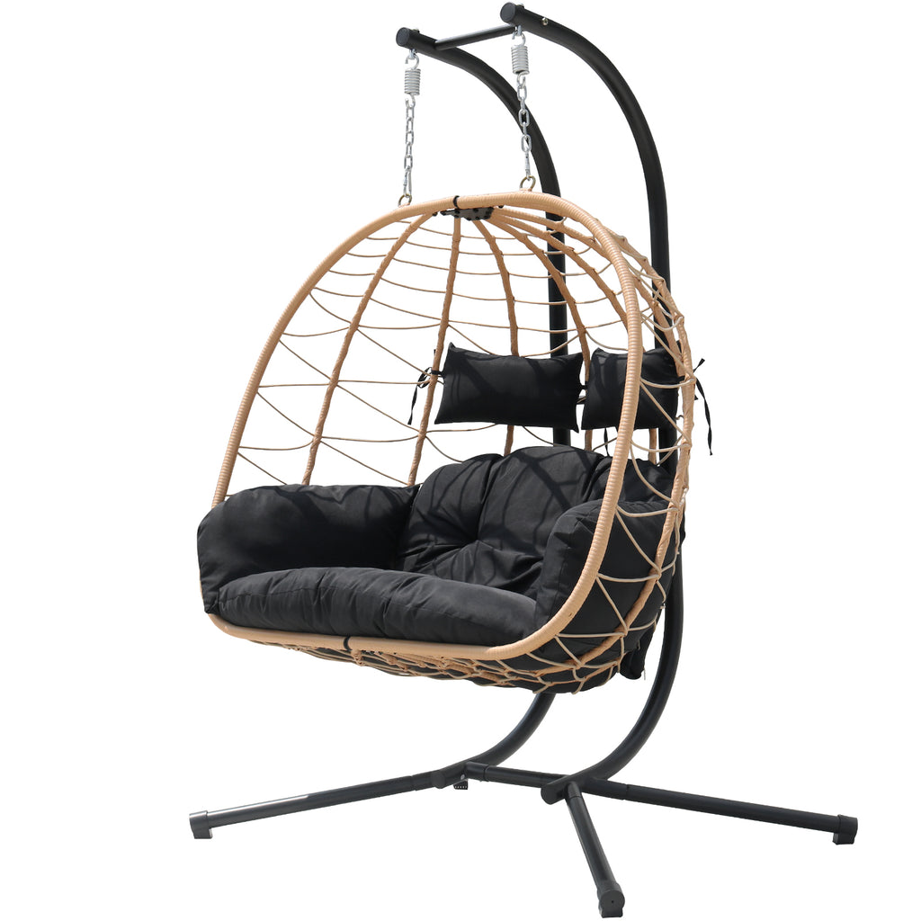 FKSLIFE Double Egg Chair with Stand Hammock Chair Cushion Outdoor Patio Wicker Loveseat Hanging Egg Chairs for 2 Persons