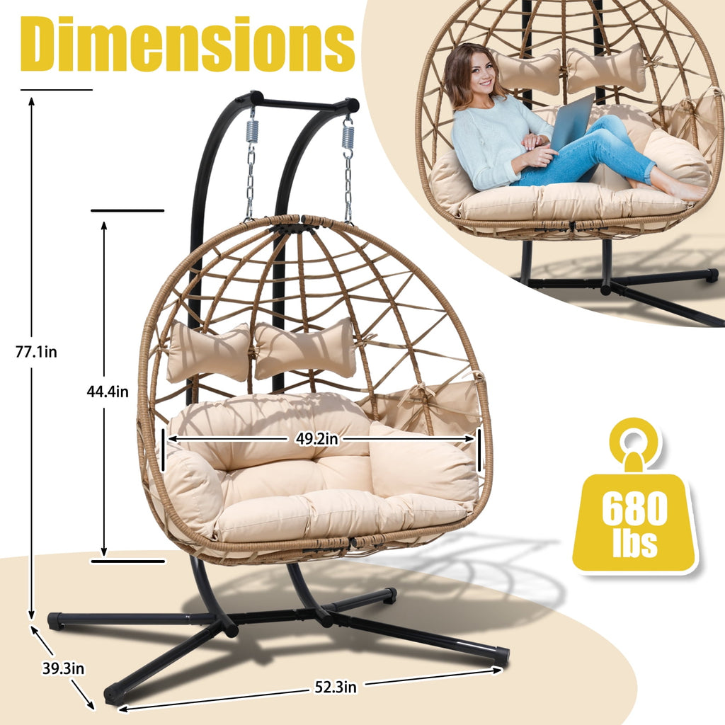 FKSLIFE Double Egg Chair with Stand Hammock Chair Cushion Outdoor Patio Wicker Loveseat Hanging Egg Chairs for 2 Persons