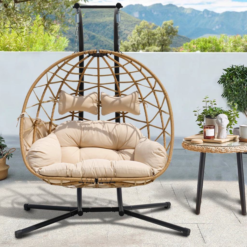 FKSLIFE Double Egg Chair with Stand Hammock Chair Cushion Outdoor Patio Wicker Loveseat Hanging Egg Chairs for 2 Persons