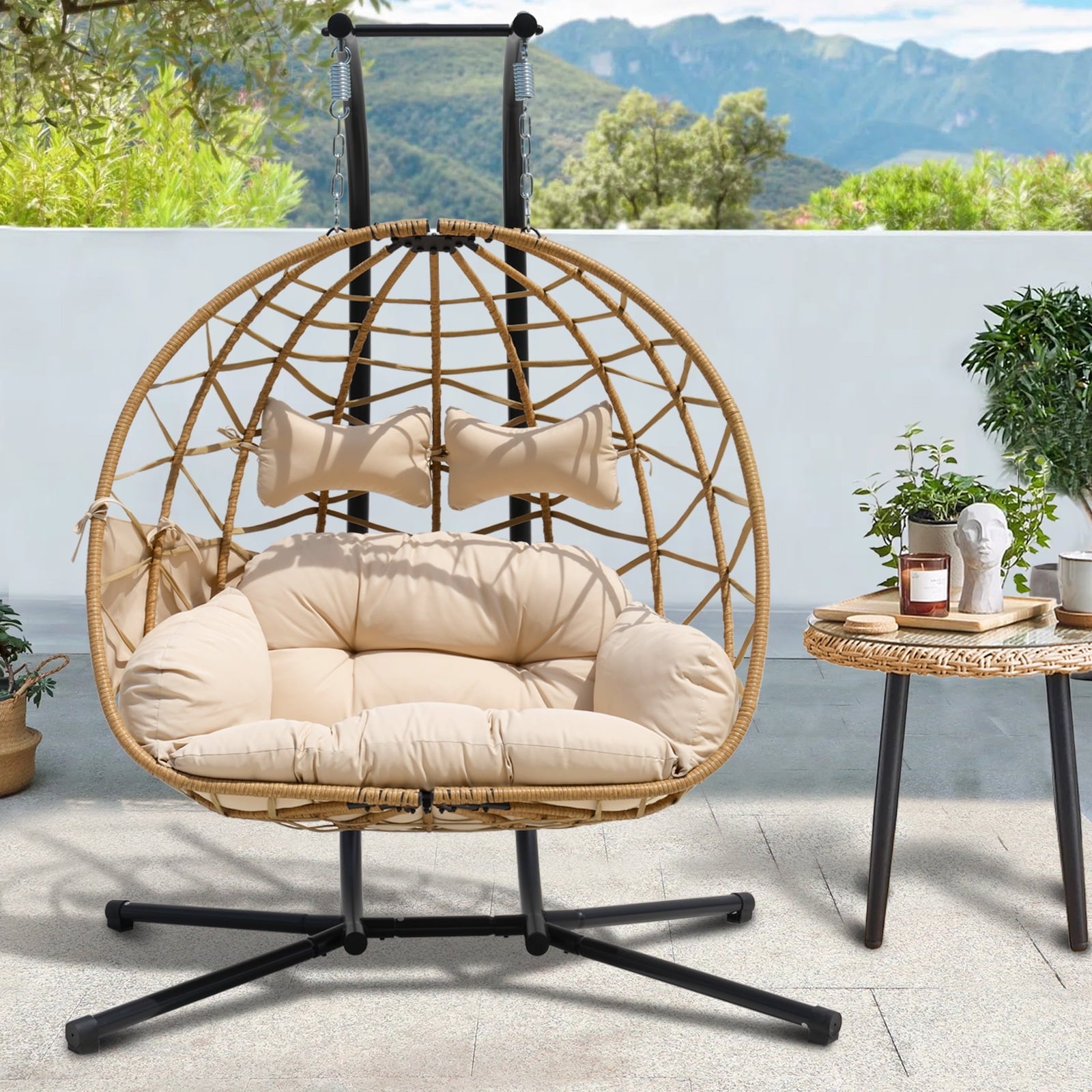 FKSLIFE Double Egg Chair with Stand Hammock Chair Cushion Outdoor Patio Wicker Loveseat Hanging Egg Chairs for 2 Persons