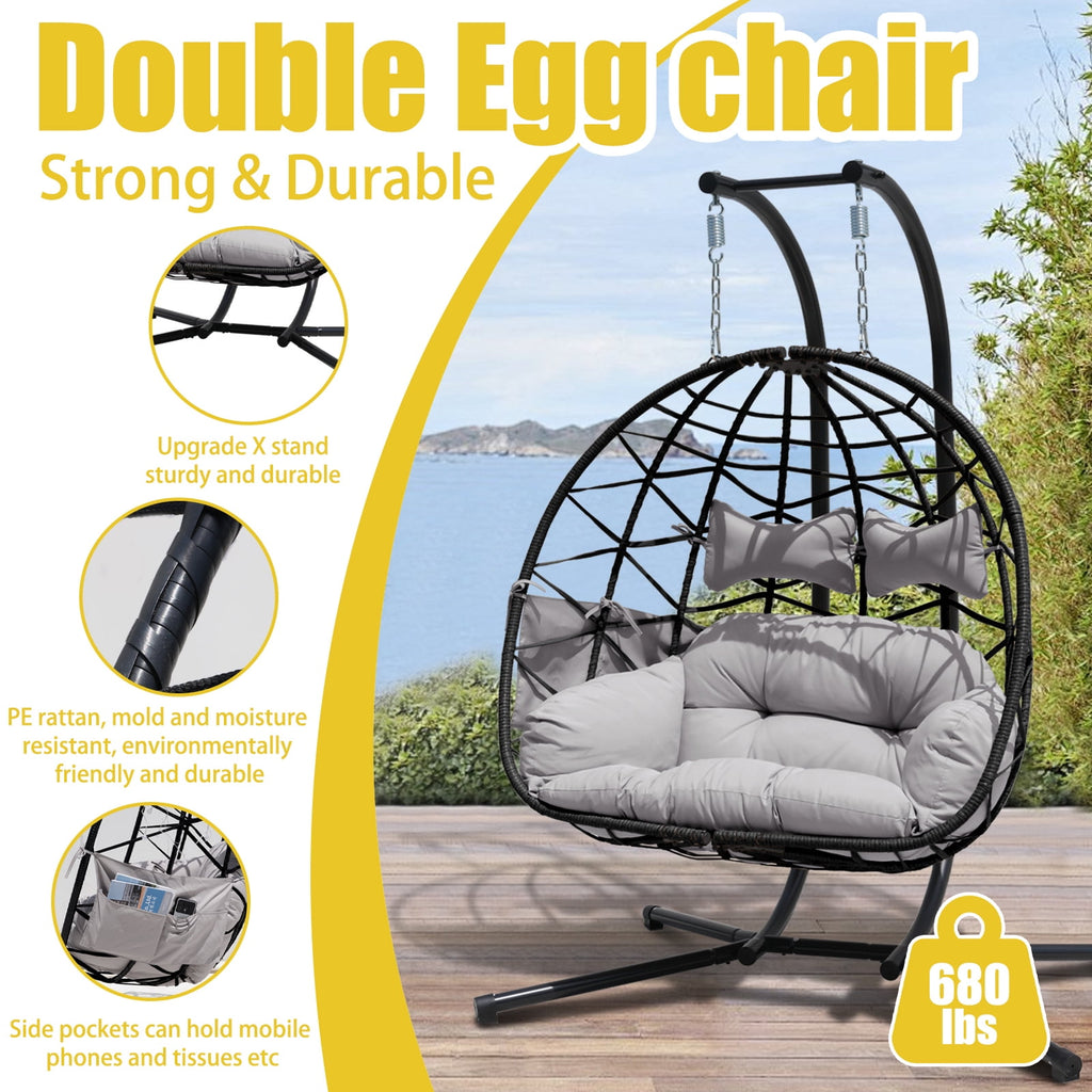 FKSLIFE Double Egg Chair with Stand Hammock Chair Cushion Outdoor Patio Wicker Loveseat Hanging Egg Chairs for 2 Persons