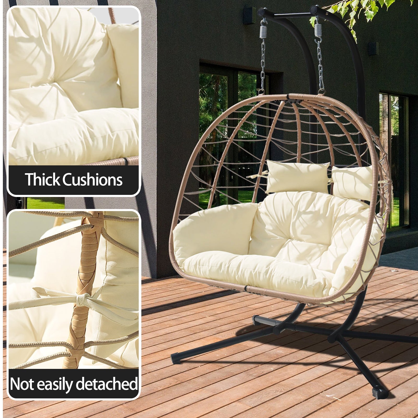 FKSLIFE Double Egg Chair with Stand Hammock Chair Cushion Outdoor Patio Wicker Loveseat Hanging Egg Chairs for 2 Persons
