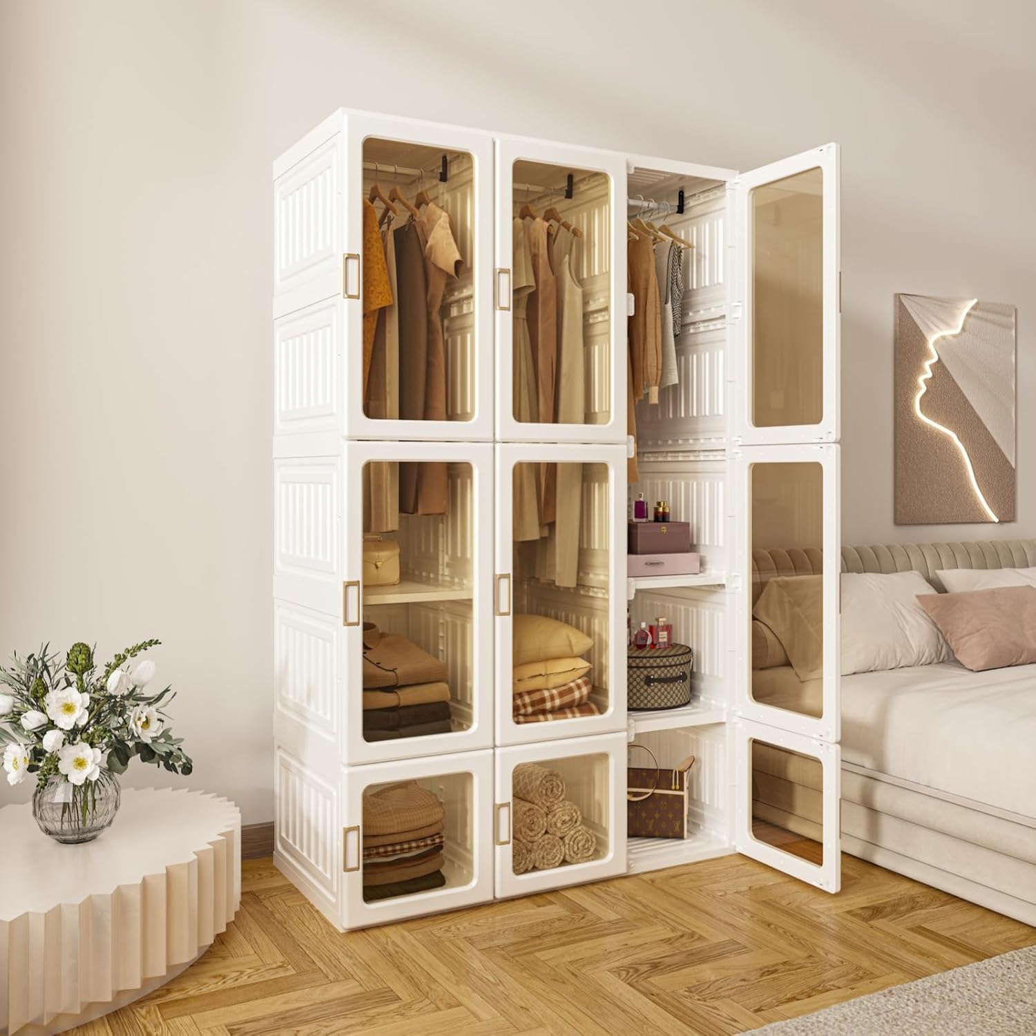ANTBOX Portable Wardrobe Closet Storage Organizer for Clothes,Transparent Door Panels,Suitable for Living Room, Bedroom,Plastic Wardrobe with Magnetic Door and Easy Assembly (3 Hanging Rod)