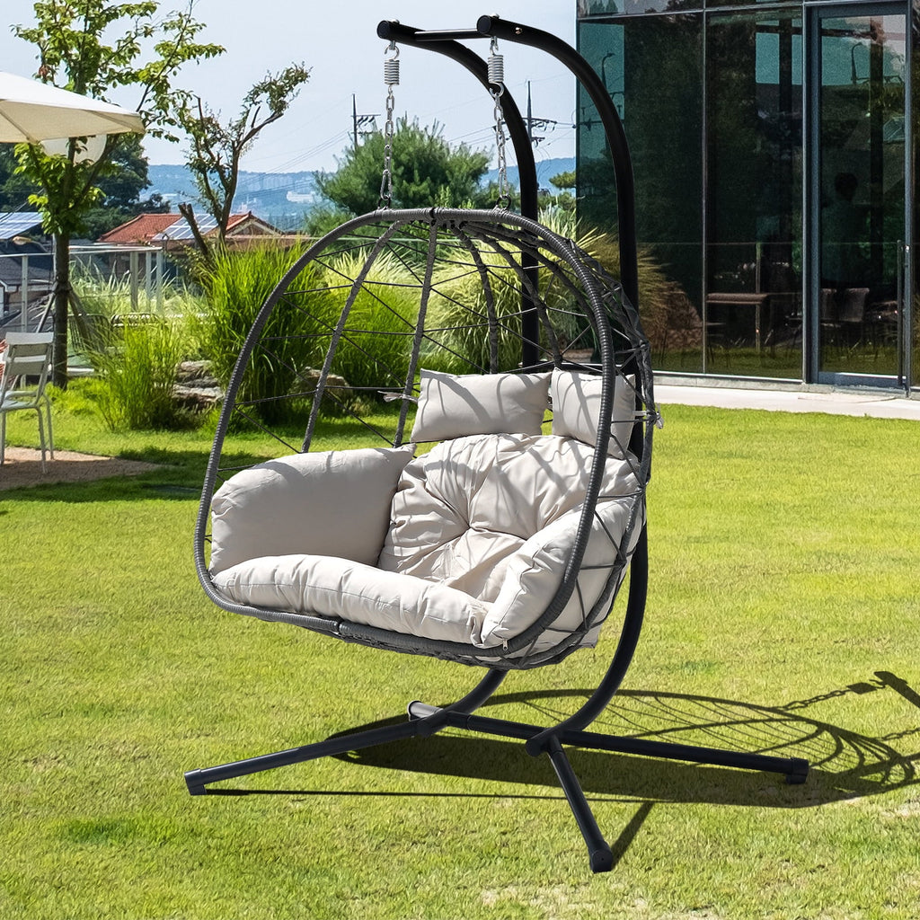 FKSLIFE Double Egg Chair with Stand Hammock Chair Cushion Outdoor Patio Wicker Loveseat Hanging Egg Chairs for 2 Persons