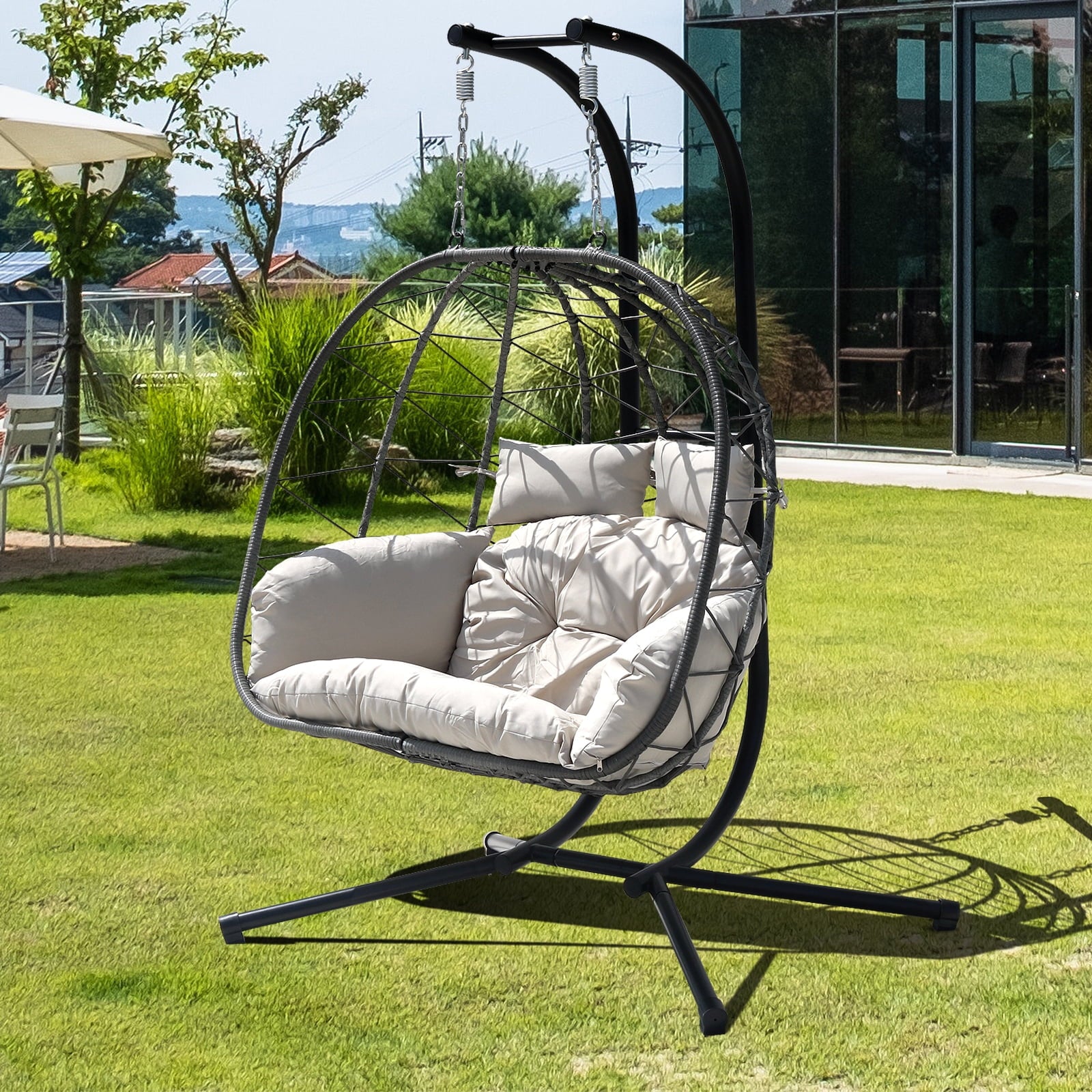 FKSLIFE Double Egg Chair with Stand Hammock Chair Cushion Outdoor Patio Wicker Loveseat Hanging Egg Chairs for 2 Persons