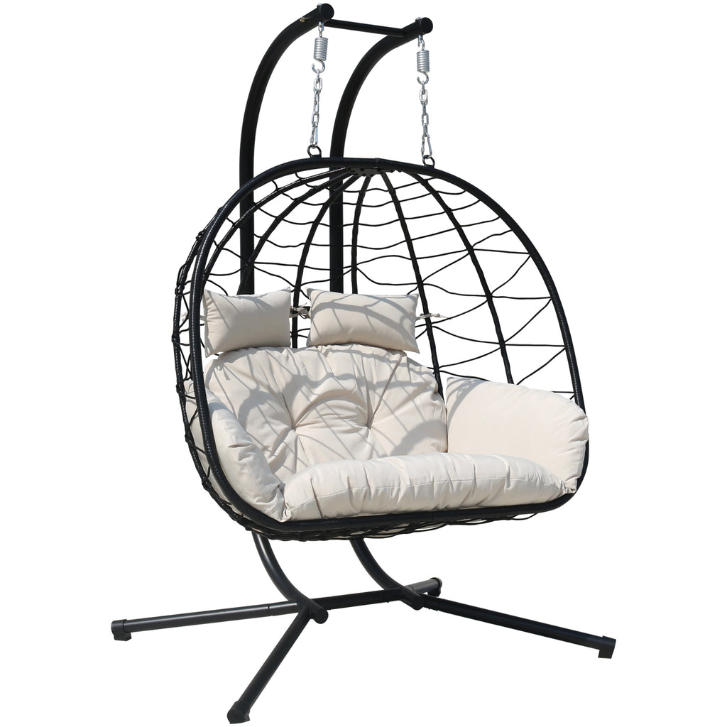 FKSLIFE Double Egg Chair with Stand Hammock Chair Cushion Outdoor Patio Wicker Loveseat Hanging Egg Chairs for 2 Persons