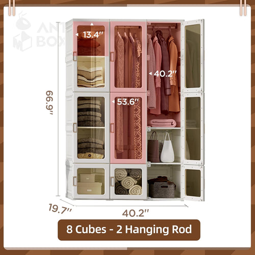 ANTBOX Portable Wardrobe Closet Storage Organizer for Clothes,Transparent Door Panels,Suitable for Living Room, Bedroom,Plastic Wardrobe with Magnetic Door and Easy Assembly (3 Hanging Rod)