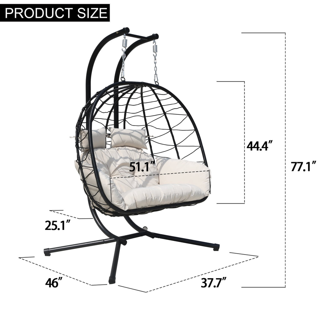 FKSLIFE Double Egg Chair with Stand Hammock Chair Cushion Outdoor Patio Wicker Loveseat Hanging Egg Chairs for 2 Persons