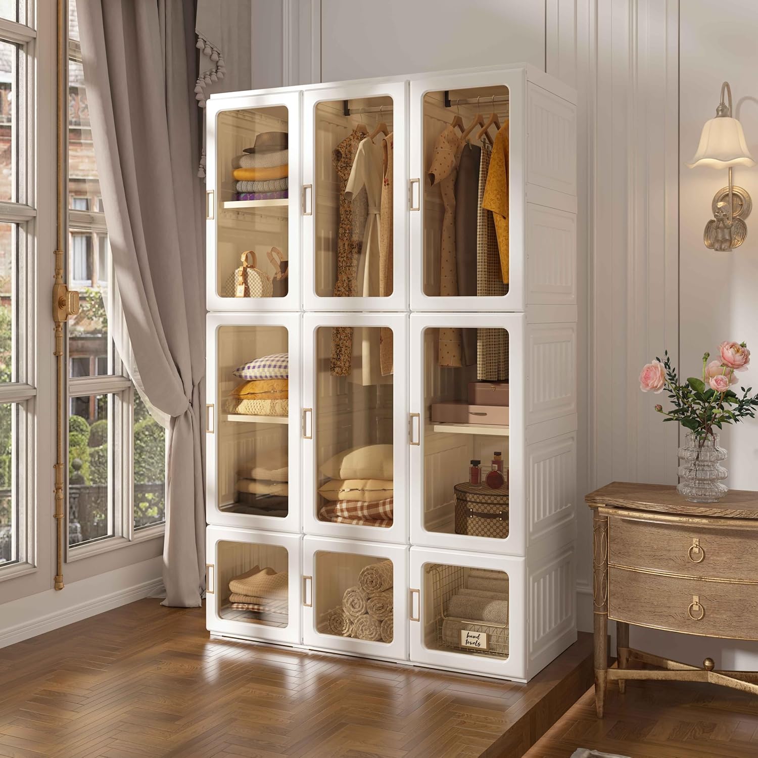 ANTBOX Portable Wardrobe Closet Storage Organizer for Clothes,Transparent Door Panels,Suitable for Living Room, Bedroom,Plastic Wardrobe with Magnetic Door and Easy Assembly (3 Hanging Rod)