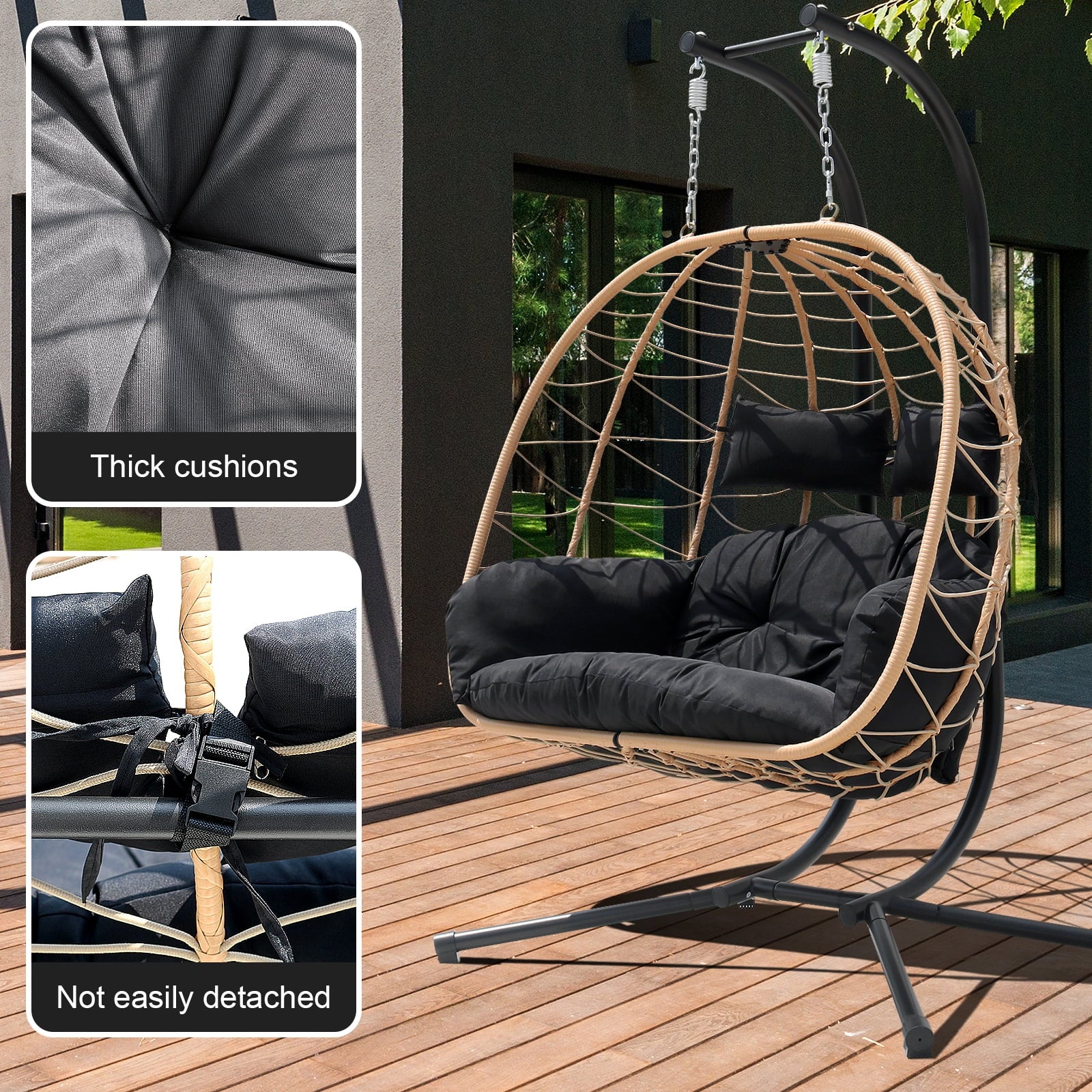 FKSLIFE Double Egg Chair with Stand Hammock Chair Cushion Outdoor Patio Wicker Loveseat Hanging Egg Chairs for 2 Persons