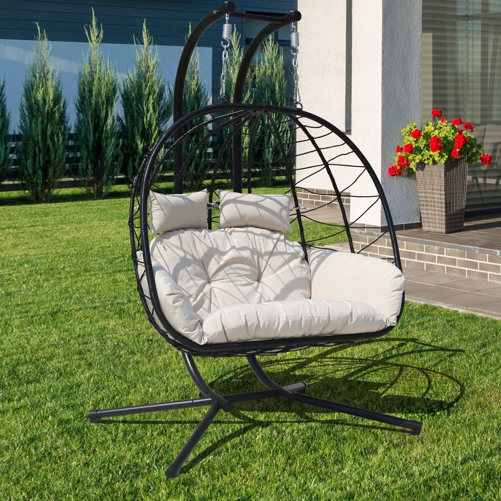 FKSLIFE Double Egg Chair with Stand Hammock Chair Cushion Outdoor Patio Wicker Loveseat Hanging Egg Chairs for 2 Persons