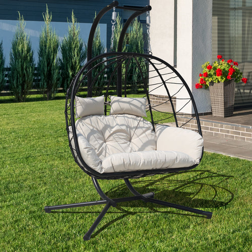 FKSLIFE Double Egg Chair with Stand Hammock Chair Cushion Outdoor Patio Wicker Loveseat Hanging Egg Chairs for 2 Persons