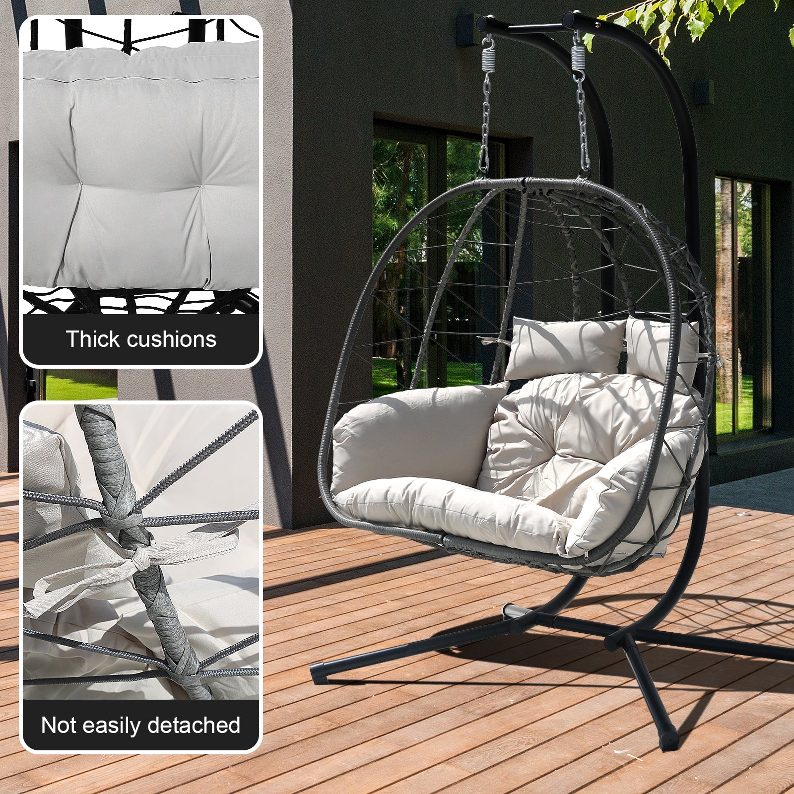 FKSLIFE Double Egg Chair with Stand Hammock Chair Cushion Outdoor Patio Wicker Loveseat Hanging Egg Chairs for 2 Persons