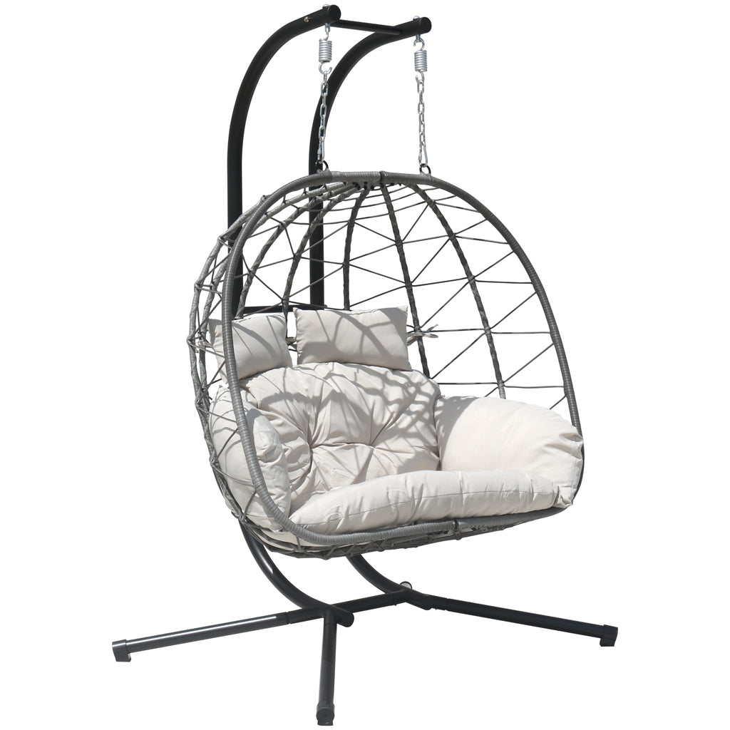 FKSLIFE Double Egg Chair with Stand Hammock Chair Cushion Outdoor Patio Wicker Loveseat Hanging Egg Chairs for 2 Persons