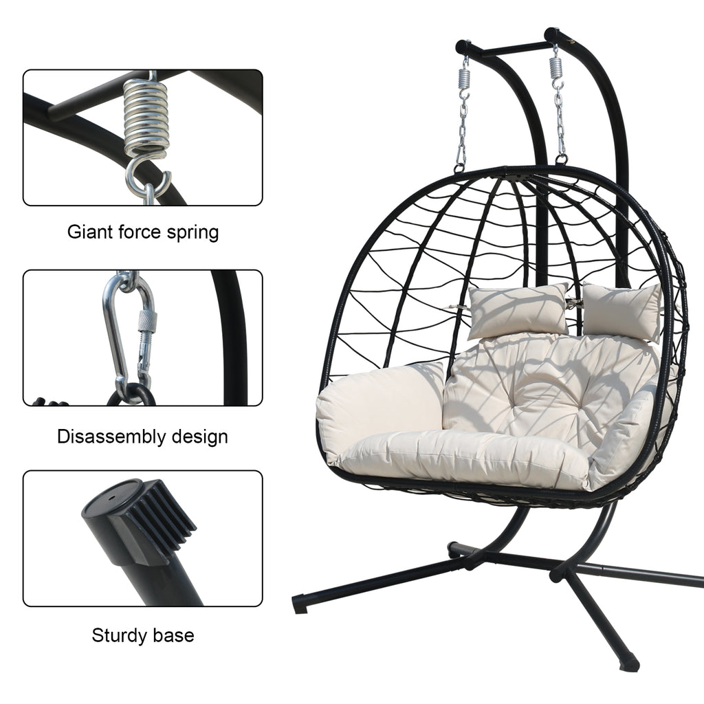 FKSLIFE Double Egg Chair with Stand Hammock Chair Cushion Outdoor Patio Wicker Loveseat Hanging Egg Chairs for 2 Persons