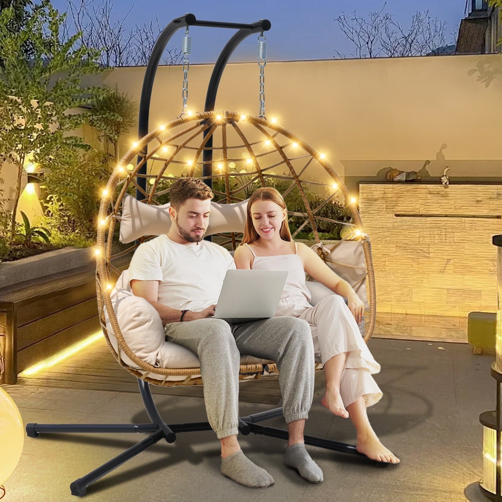 FKSLIFE Double Egg Chair with Stand Hammock Chair Cushion Outdoor Patio Wicker Loveseat Hanging Egg Chairs for 2 Persons