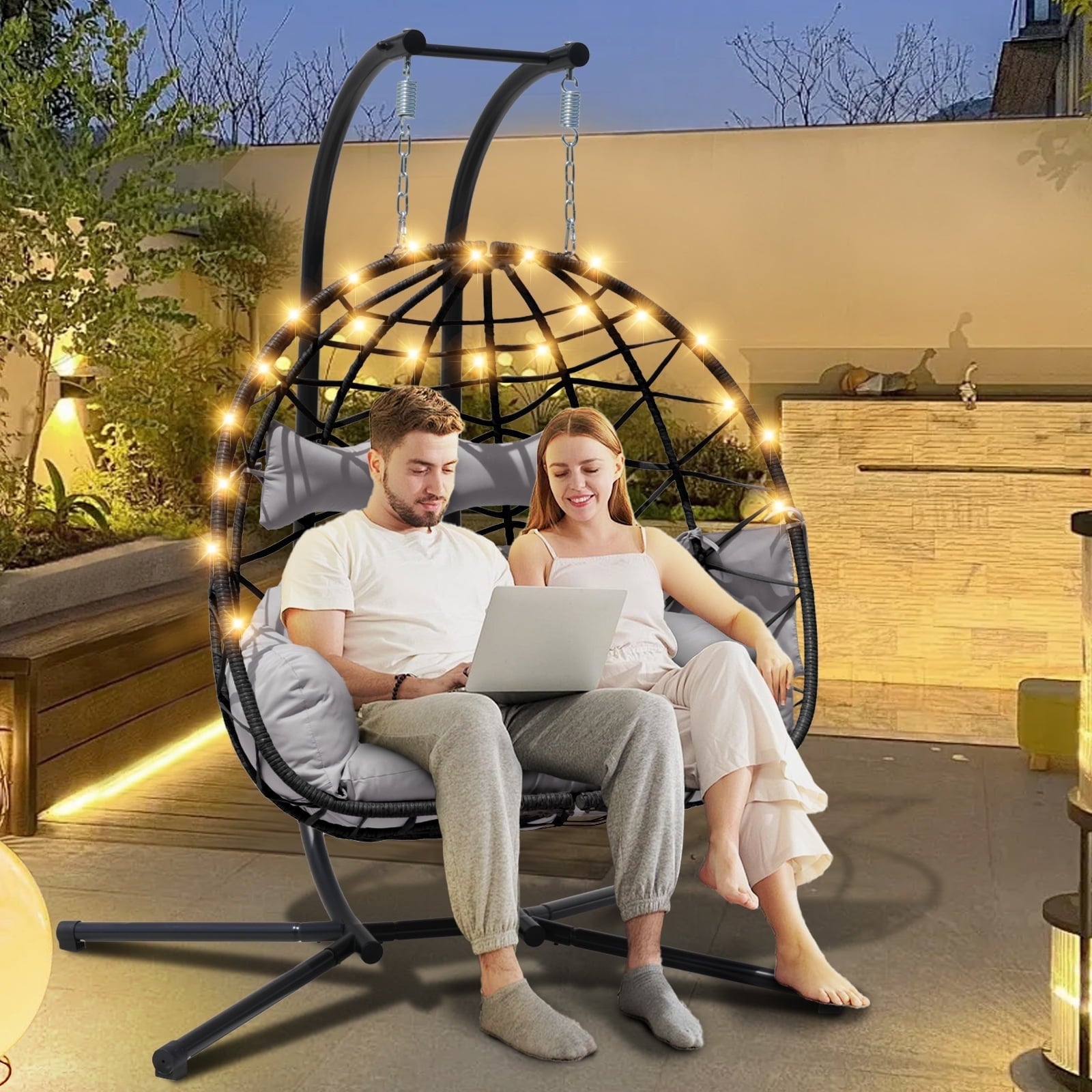 FKSLIFE Double Egg Chair with Stand Hammock Chair Cushion Outdoor Patio Wicker Loveseat Hanging Egg Chairs for 2 Persons