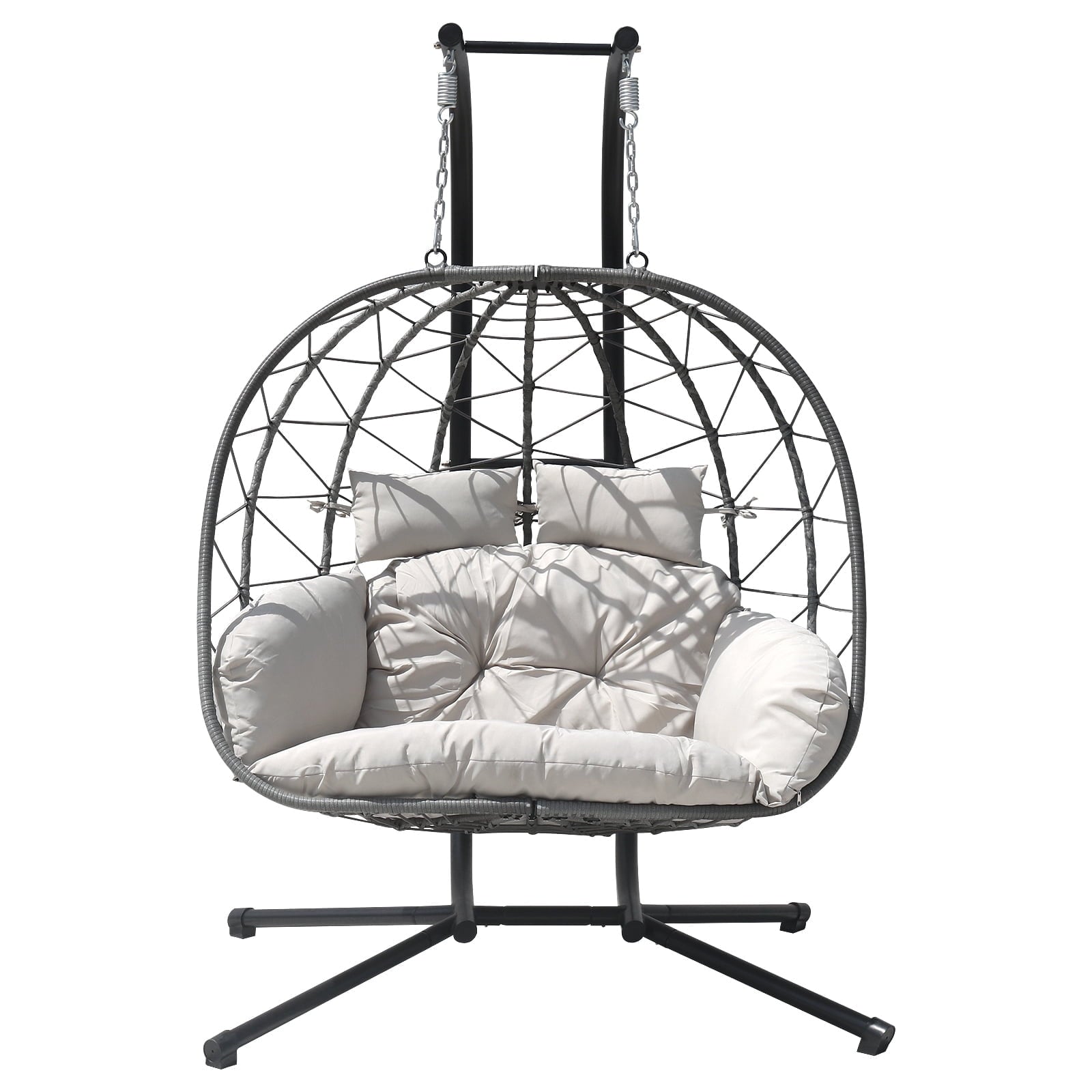 FKSLIFE Double Egg Chair with Stand Hammock Chair Cushion Outdoor Patio Wicker Loveseat Hanging Egg Chairs for 2 Persons