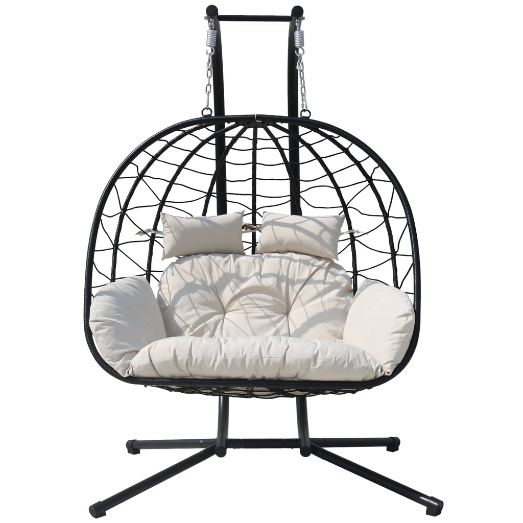 FKSLIFE Double Egg Chair with Stand Hammock Chair Cushion Outdoor Patio Wicker Loveseat Hanging Egg Chairs for 2 Persons