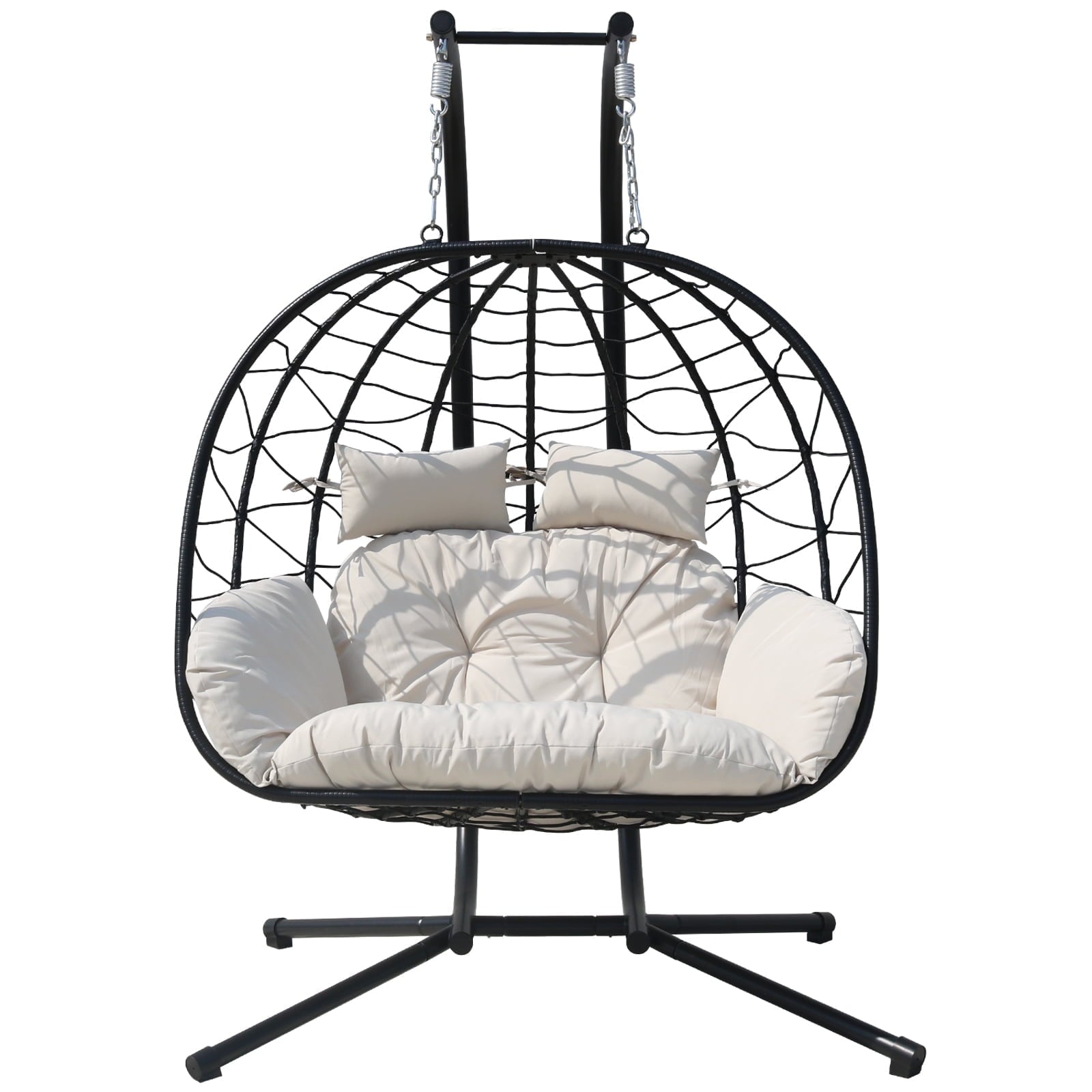 FKSLIFE Double Egg Chair with Stand Hammock Chair Cushion Outdoor Patio Wicker Loveseat Hanging Egg Chairs for 2 Persons