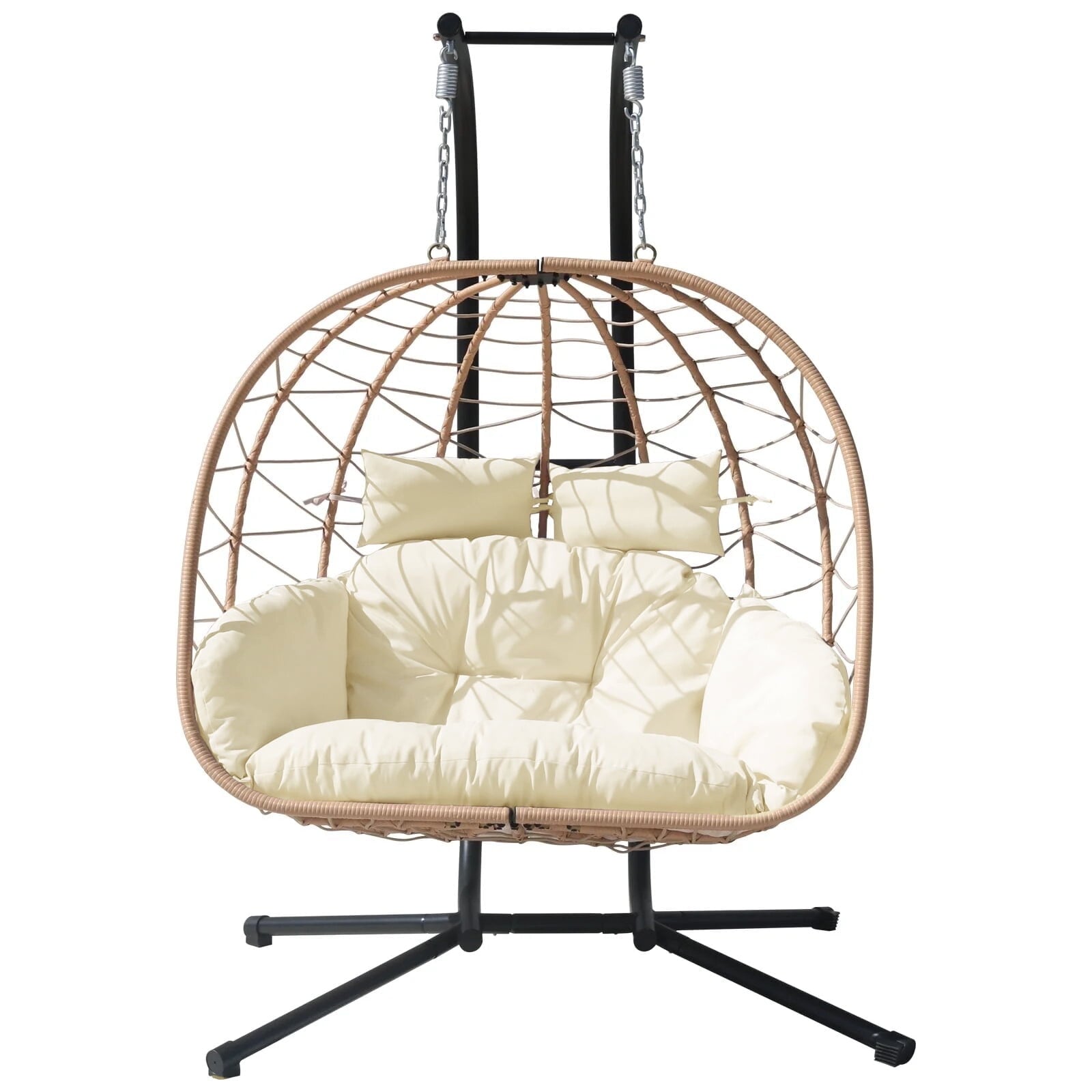 FKSLIFE Double Egg Chair with Stand Hammock Chair Cushion Outdoor Patio Wicker Loveseat Hanging Egg Chairs for 2 Persons