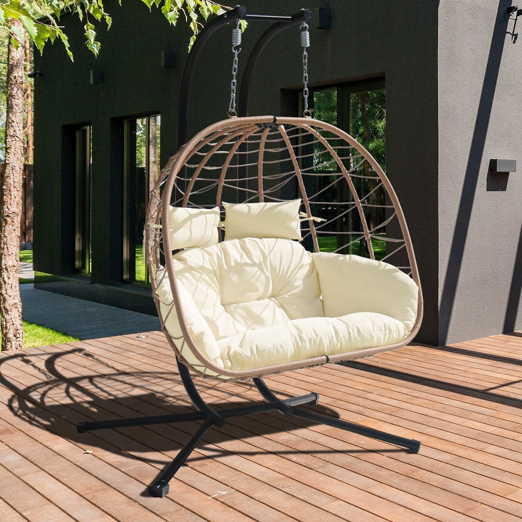 FKSLIFE Double Egg Chair with Stand Hammock Chair Cushion Outdoor Patio Wicker Loveseat Hanging Egg Chairs for 2 Persons