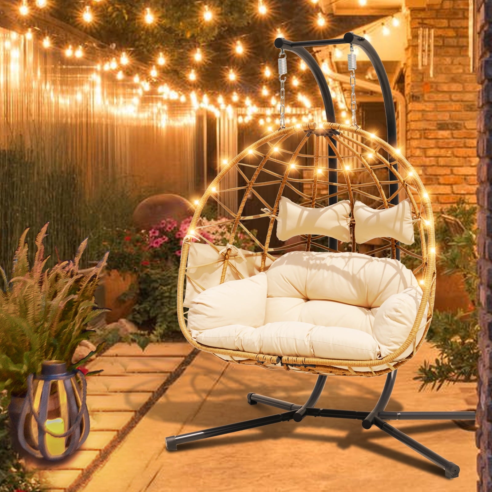 FKSLIFE Double Egg Chair with Stand Hammock Chair Cushion Outdoor Patio Wicker Loveseat Hanging Egg Chairs for 2 Persons