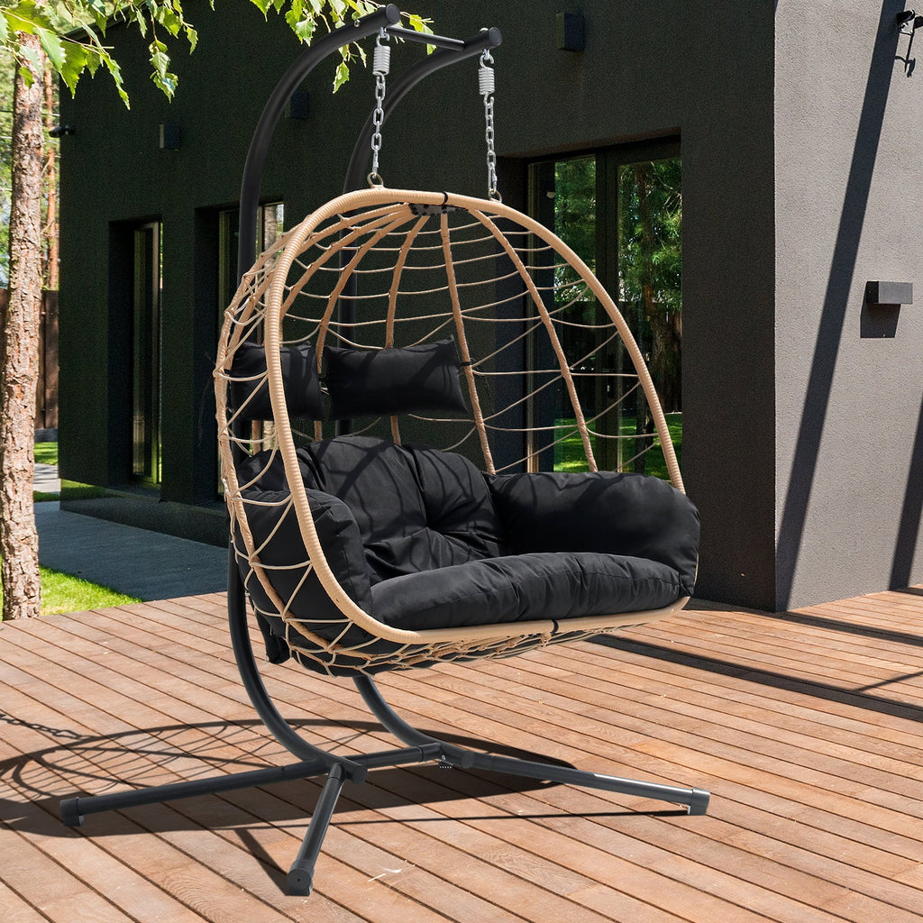 FKSLIFE Double Egg Chair with Stand Hammock Chair Cushion Outdoor Patio Wicker Loveseat Hanging Egg Chairs for 2 Persons