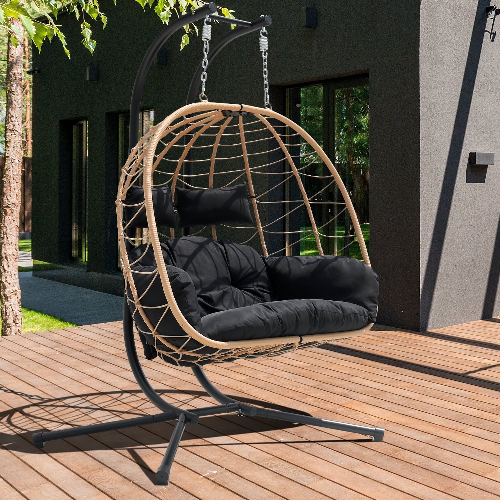 FKSLIFE Double Egg Chair with Stand Hammock Chair Cushion Outdoor Patio Wicker Loveseat Hanging Egg Chairs for 2 Persons