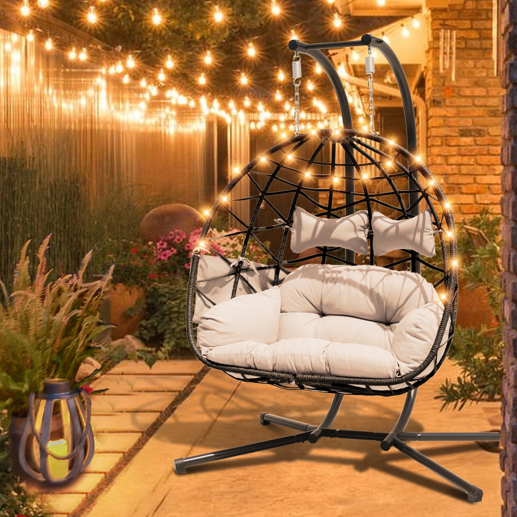 FKSLIFE Double Egg Chair with Stand Hammock Chair Cushion Outdoor Patio Wicker Loveseat Hanging Egg Chairs for 2 Persons