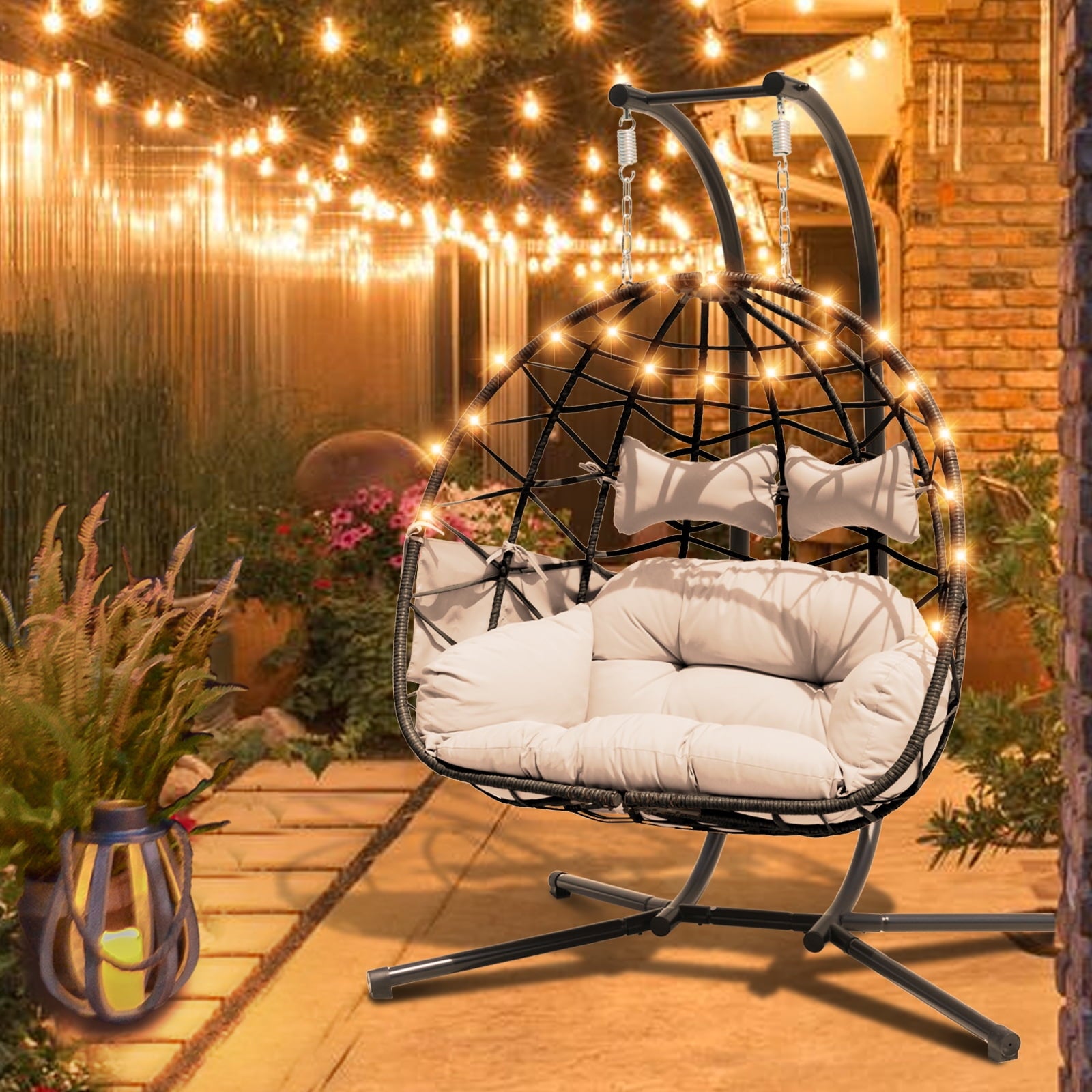 FKSLIFE Double Egg Chair with Stand Hammock Chair Cushion Outdoor Patio Wicker Loveseat Hanging Egg Chairs for 2 Persons