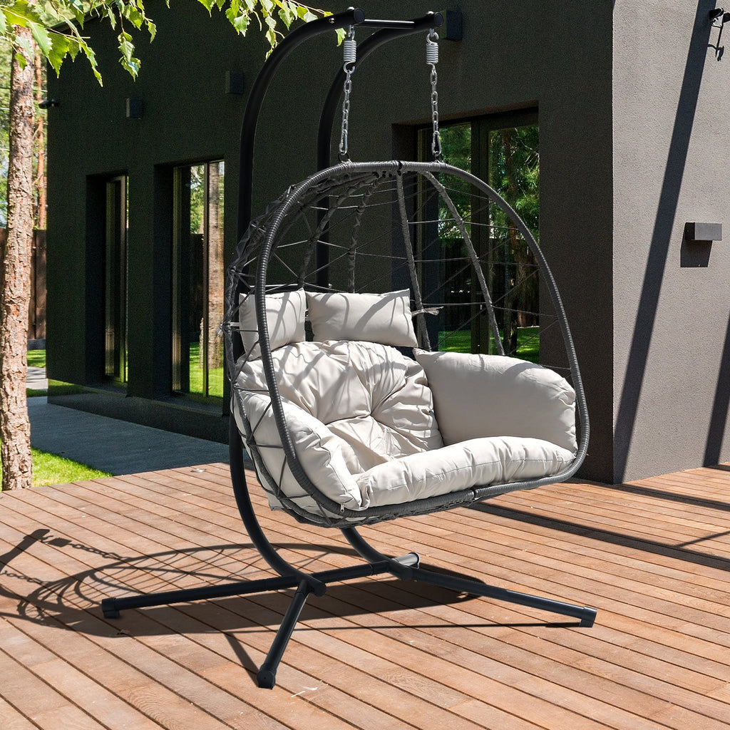 FKSLIFE Double Egg Chair with Stand Hammock Chair Cushion Outdoor Patio Wicker Loveseat Hanging Egg Chairs for 2 Persons