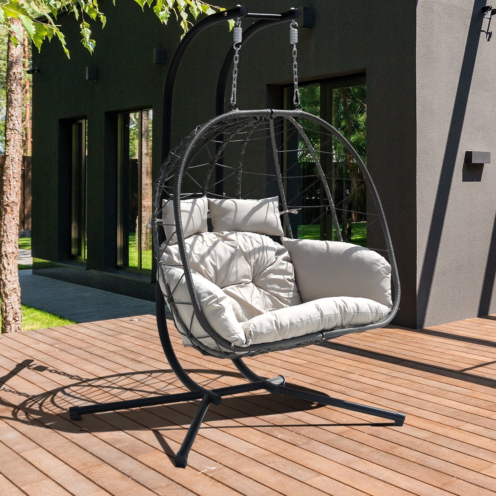 FKSLIFE Double Egg Chair with Stand Hammock Chair Cushion Outdoor Patio Wicker Loveseat Hanging Egg Chairs for 2 Persons