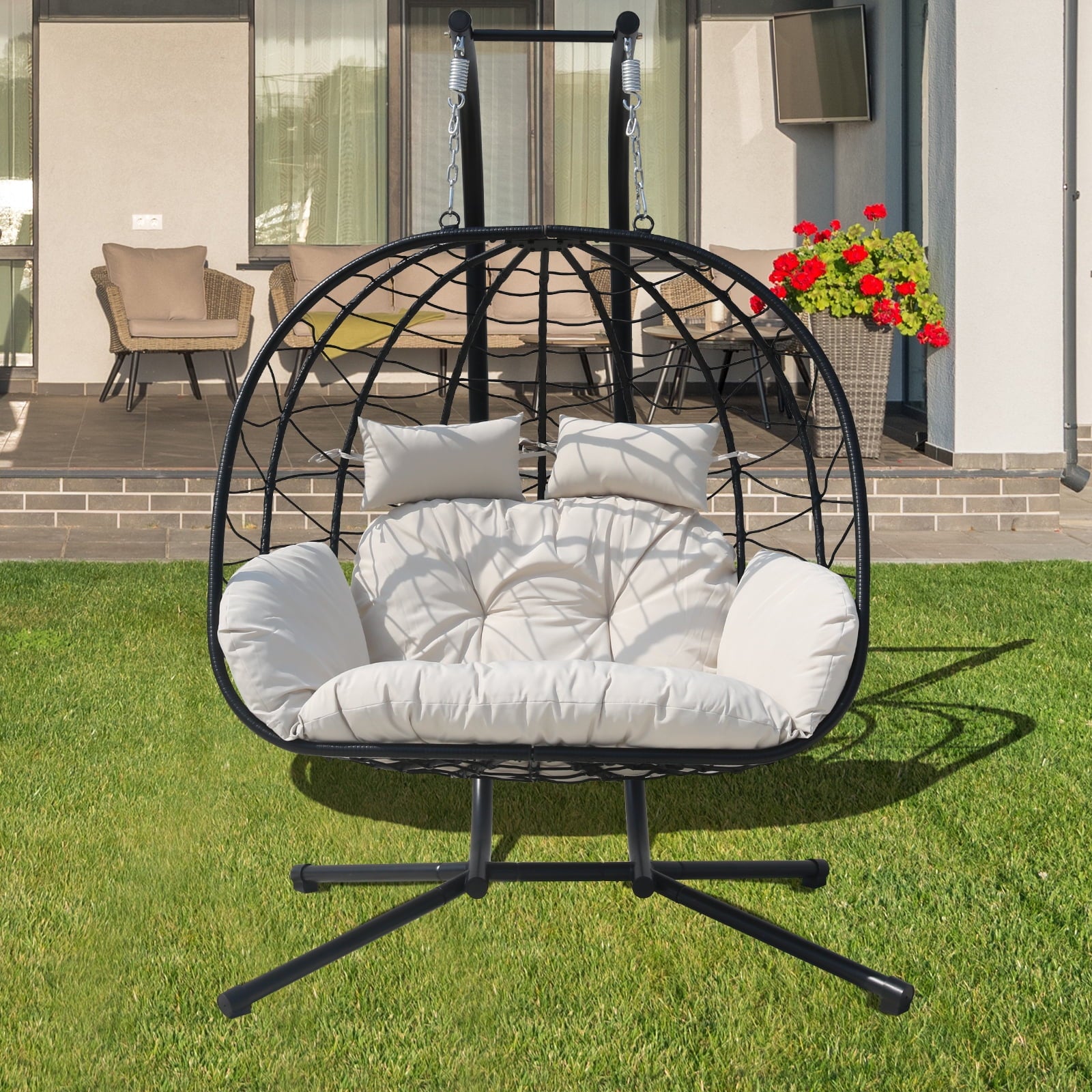 FKSLIFE Double Egg Chair with Stand Hammock Chair Cushion Outdoor Patio Wicker Loveseat Hanging Egg Chairs for 2 Persons