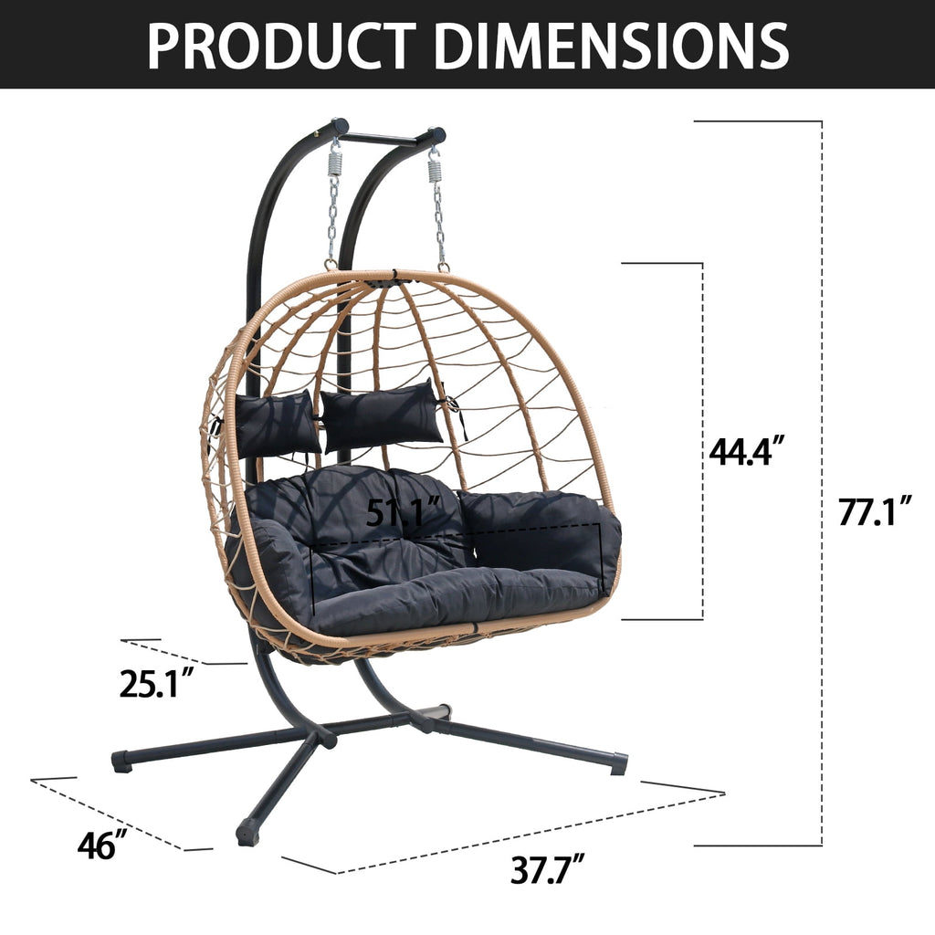 FKSLIFE Double Egg Chair with Stand Hammock Chair Cushion Outdoor Patio Wicker Loveseat Hanging Egg Chairs for 2 Persons
