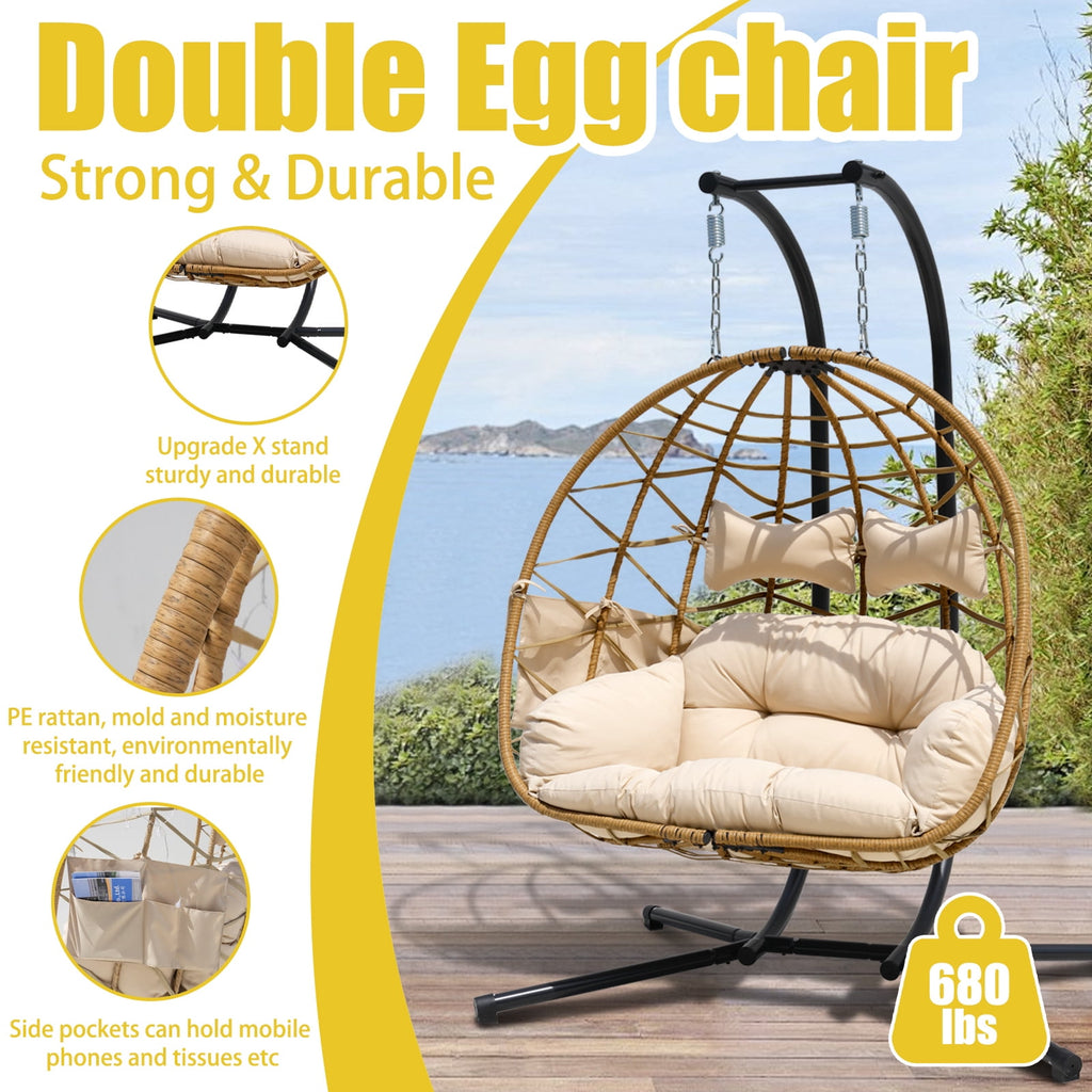 FKSLIFE Double Egg Chair with Stand Hammock Chair Cushion Outdoor Patio Wicker Loveseat Hanging Egg Chairs for 2 Persons