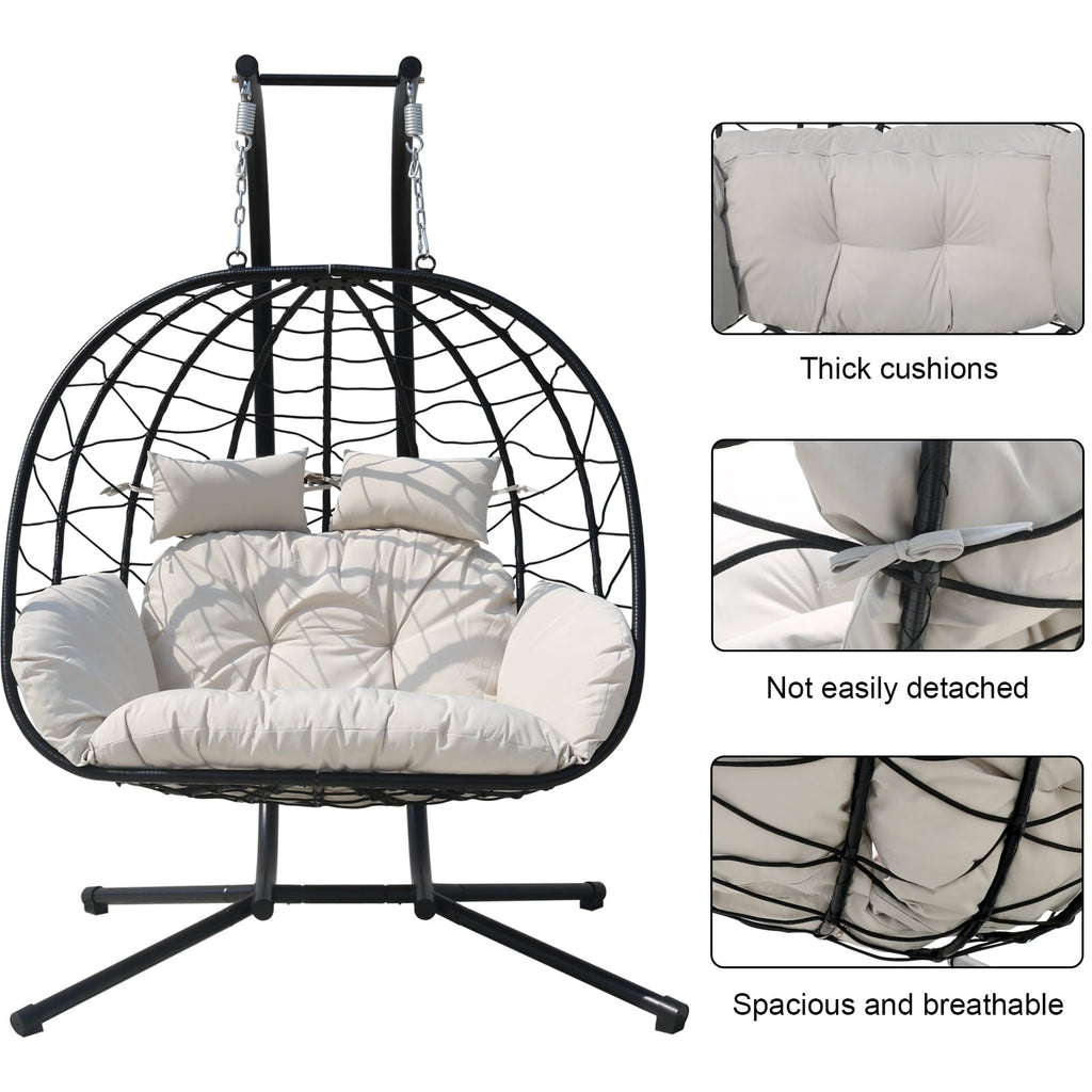 FKSLIFE Double Egg Chair with Stand Hammock Chair Cushion Outdoor Patio Wicker Loveseat Hanging Egg Chairs for 2 Persons