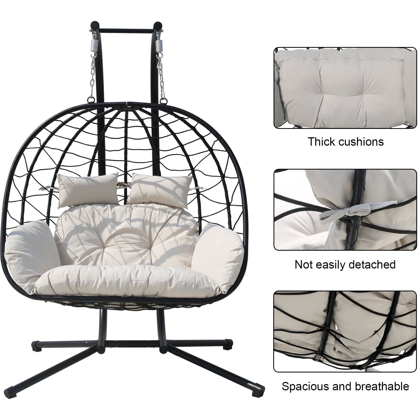 FKSLIFE Double Egg Chair with Stand Hammock Chair Cushion Outdoor Patio Wicker Loveseat Hanging Egg Chairs for 2 Persons